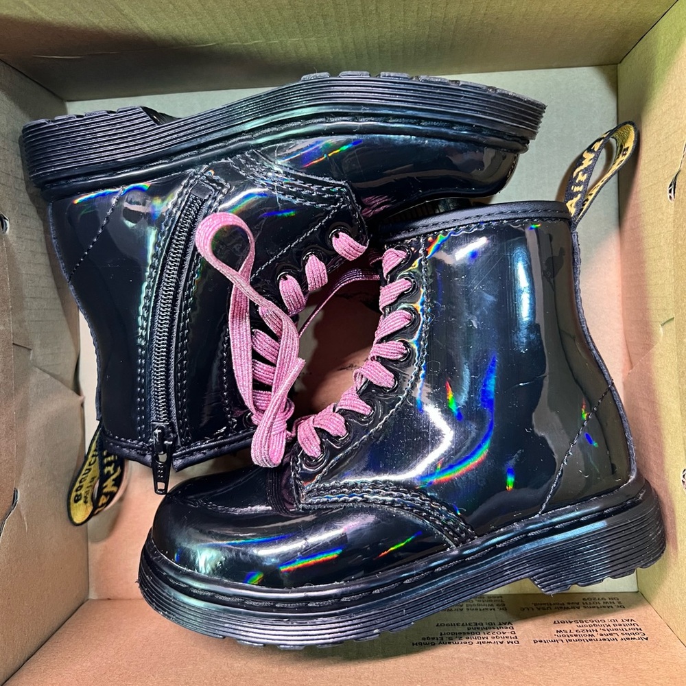Dr. Martens Black Holographic Boots with Rainbow Detail